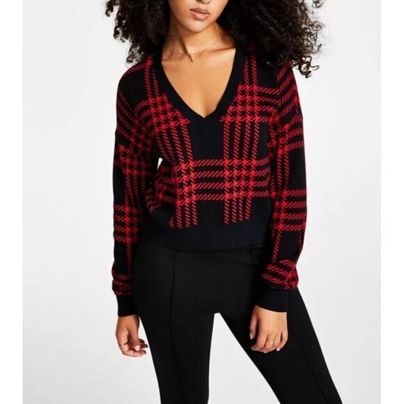 Bar III Sweater Womens XL Black Red Plaid Cropped V Neck Relaxed Fit Academia - Picture 1 of 7